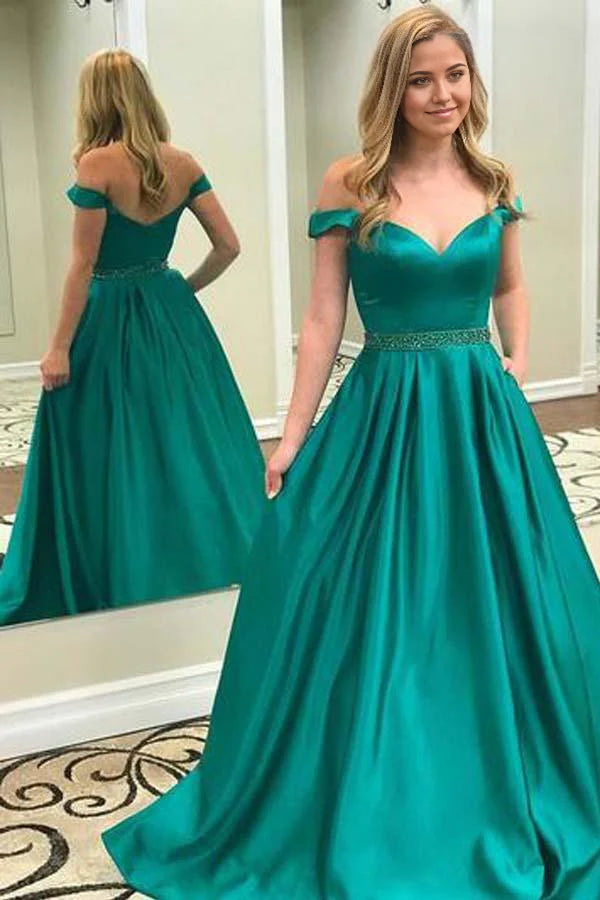 Vestidos de fiesta largos de noche verde esmeralda con hombros descubiertos y corte A
